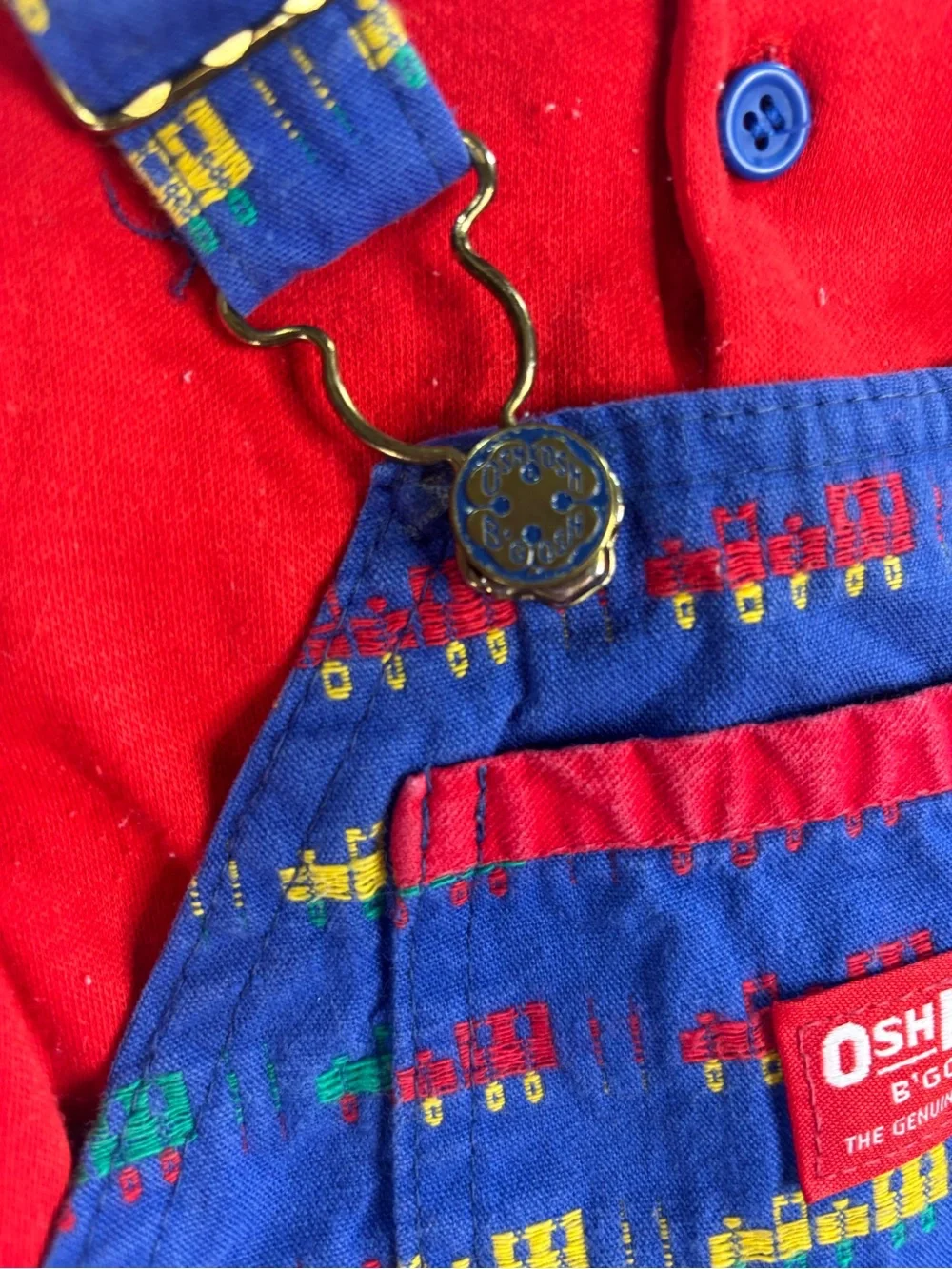 Vintage OshKosh B’Gosh Baby Train Shortall Outfit Set USA Red Blue 6-9 Months